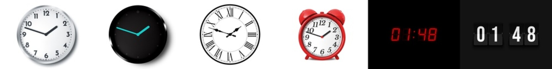 01:48 (AM and PM) or 13:48 time clock icons