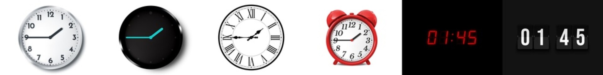 01:45 (AM and PM) or 13:45 time clock icons