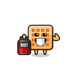 the muscular waffle character is holding a protein supplement