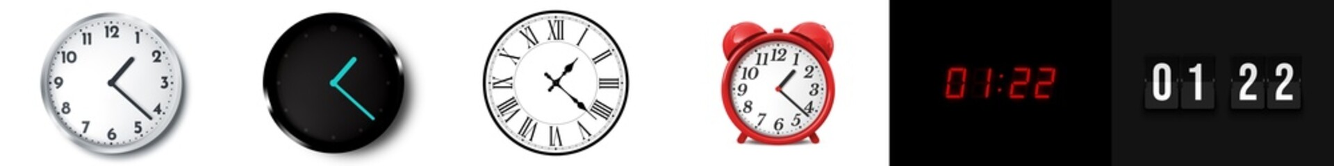 01:22 (AM and PM) or 13:22 time clock icons