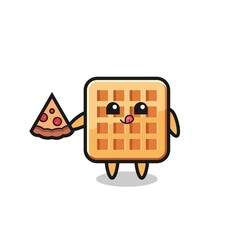 cute waffle cartoon eating pizza