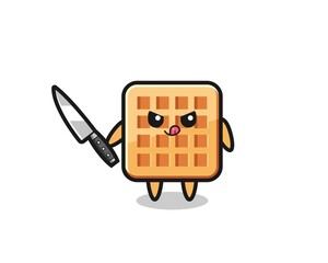 cute waffle mascot as a psychopath holding a knife
