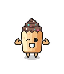 the muscular cupcake character is posing showing his muscles