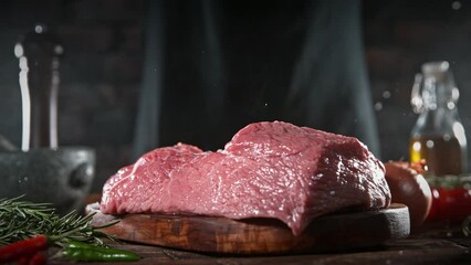 Flying piece of raw beef steak falling on cutting board. Meat preparation in kitchen. Filmed on high speed cinema camera, 1000 fps. Speed ramp effect.