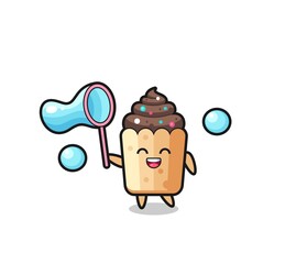 happy cupcake cartoon playing soap bubble