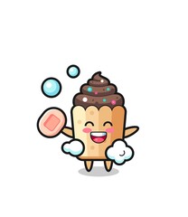 cupcake character is bathing while holding soap