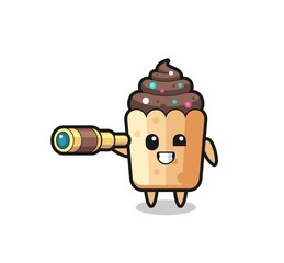 Fototapeta premium cute cupcake character is holding an old telescope