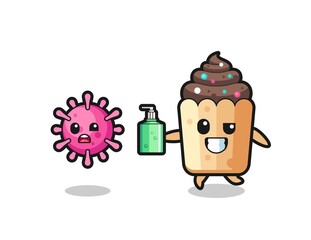 illustration of cupcake character chasing evil virus with hand sanitizer