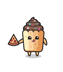 cute cupcake cartoon eating pizza