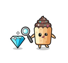 cupcake mascot is checking the authenticity of a diamond
