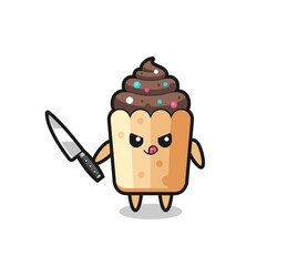 cute cupcake mascot as a psychopath holding a knife