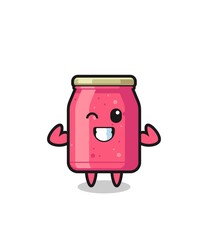 the muscular strawberry jam character is posing showing his muscles
