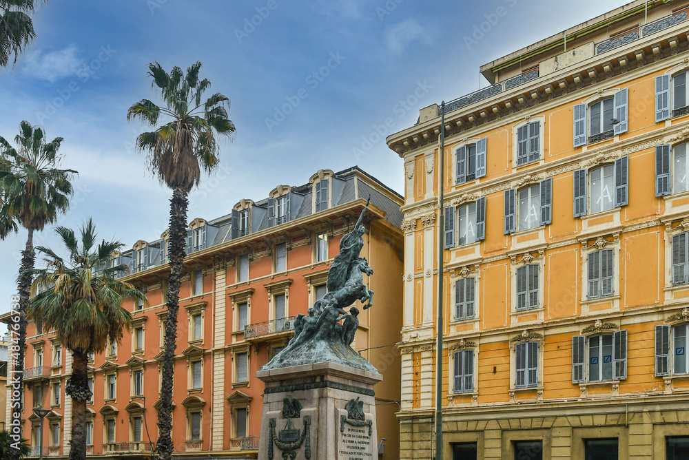 Poster The Statue of Victory (2018), faithful reproduction of the bronze work of Vincenzo Pasquali of 1923, melted for war purposes during the Second World War, Sanremo, Imperia, Liguria, Italy