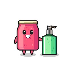 cute strawberry jam cartoon with hand sanitizer