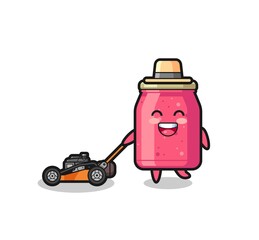illustration of the strawberry jam character using lawn mower