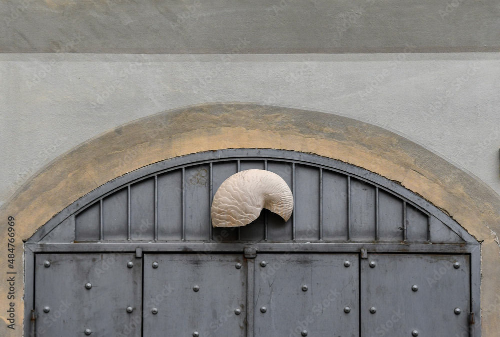 Wall mural detail of the exterior of an old building with a metal studded door decorated with a nautilus shell,