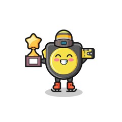 tape measure cartoon as an ice skating player hold winner trophy