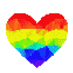 Vector pixel art illustration of rainbow heart isolated at white background. Symbol of gay, lesbian and LGBT love. Retro vintage 8bit video game style.