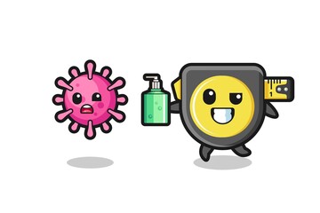 illustration of tape measure character chasing evil virus with hand sanitizer