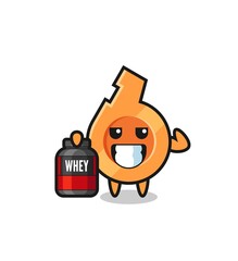 the muscular whistle character is holding a protein supplement