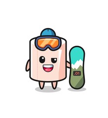 Illustration of tissue roll character with snowboarding style