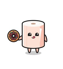 illustration of an tissue roll character eating a doughnut