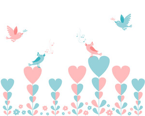 Vector illustration, background consisting of flowers in the form of hearts, singing and flying birds.