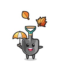 cartoon of the cute shovel holding an umbrella in autumn