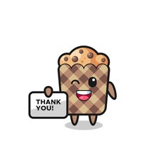 the mascot of the muffin holding a banner that says thank you