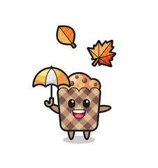 cartoon of the cute muffin holding an umbrella in autumn