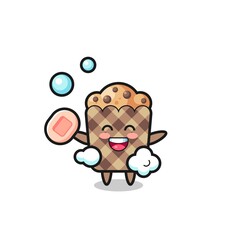Obraz premium muffin character is bathing while holding soap