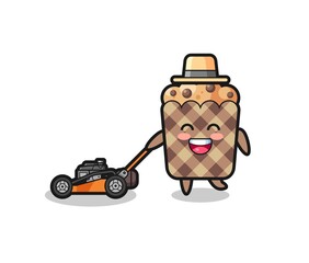 illustration of the muffin character using lawn mower