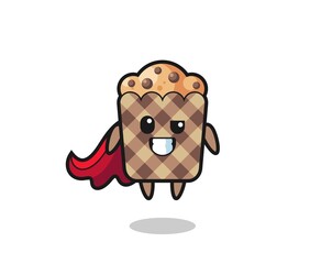 the cute muffin character as a flying superhero