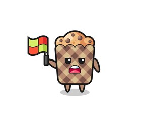 muffin character as line judge putting the flag up