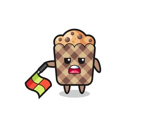 muffin character as line judge hold the flag down at a 45 degree angle