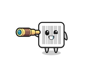 cute barcode character is holding an old telescope