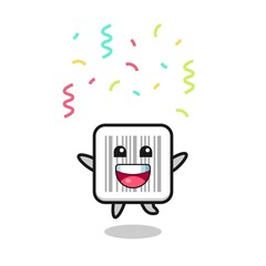 happy barcode mascot jumping for congratulation with colour confetti