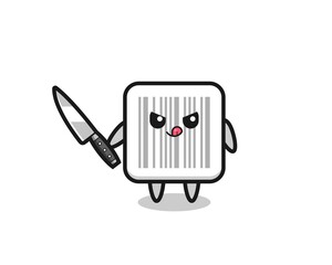 cute barcode mascot as a psychopath holding a knife