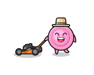 Fototapeta premium illustration of the clothing button character using lawn mower
