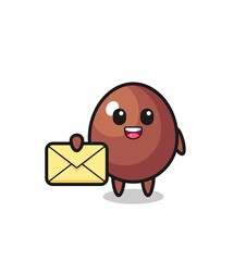 cartoon illustration of chocolate egg holding a yellow letter