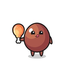 chocolate egg cute mascot is eating a fried chicken