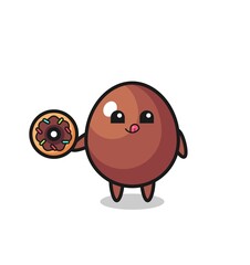illustration of an chocolate egg character eating a doughnut
