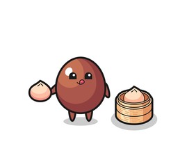 cute chocolate egg character eating steamed buns