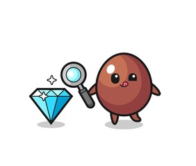chocolate egg mascot is checking the authenticity of a diamond