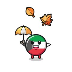 cartoon of the cute kuwait flag holding an umbrella in autumn