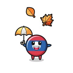 cartoon of the cute laos flag holding an umbrella in autumn
