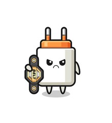 power adapter mascot character as a MMA fighter with the champion belt