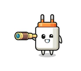 cute power adapter character is holding an old telescope