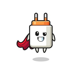 the cute power adapter character as a flying superhero