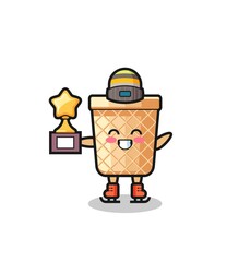 waffle cone cartoon as an ice skating player hold winner trophy